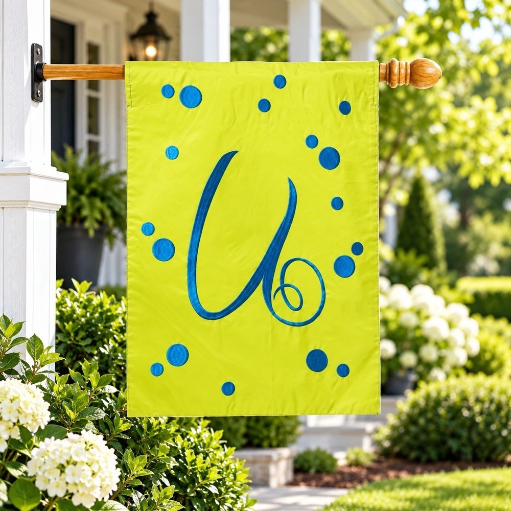 Evergreen Double-Sided 28"x44" Applique Monogram "U" House Flag Polka Dot Green